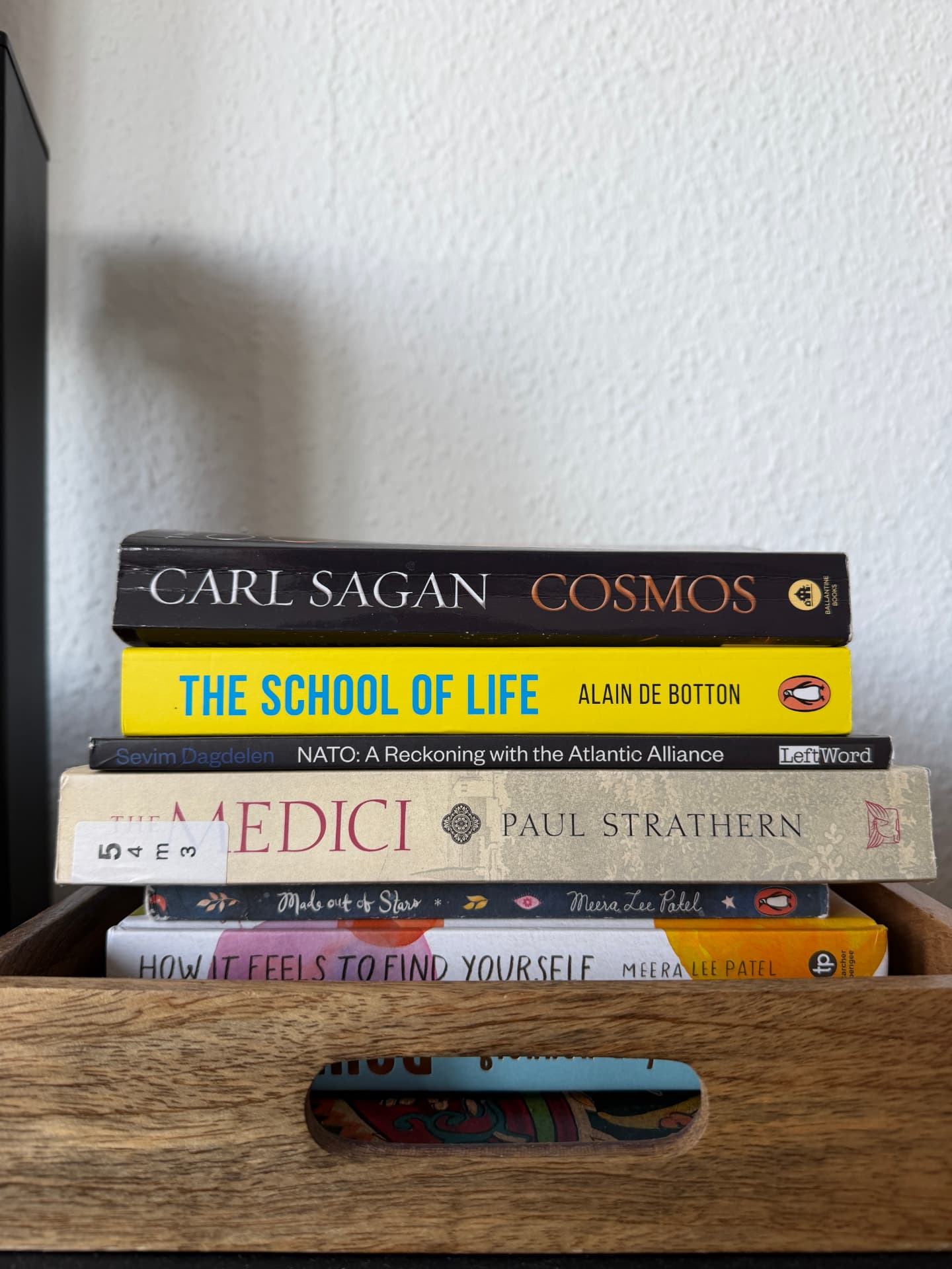 A stack of books including Carl Sagan's Cosmos and The School of Life